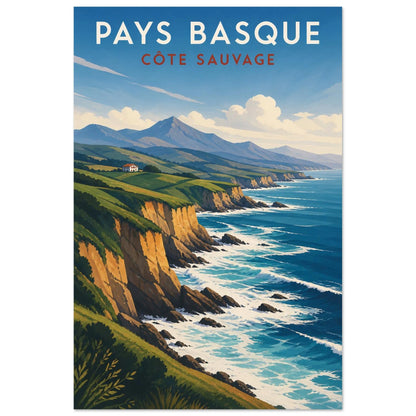 Affiche Pays Basque – Côte Sauvage, gouache contemporaine verticale, format 30 × 45 cm