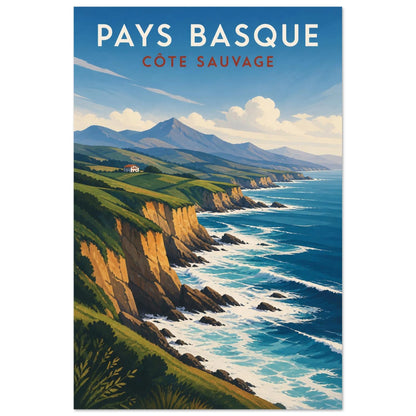 Affiche Pays Basque – Côte Sauvage, gouache contemporaine verticale, format 60 × 90 cm