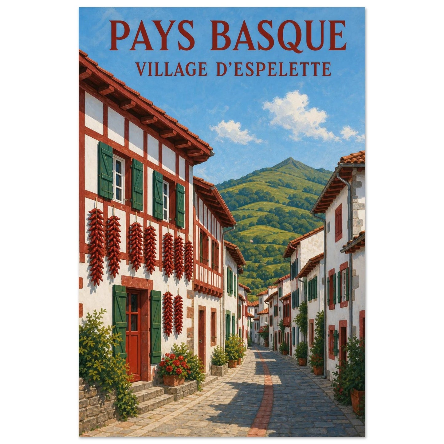 Affiche Pays Basque – Village d’Espelette, gouache contemporaine verticale, format 30 × 45 cm