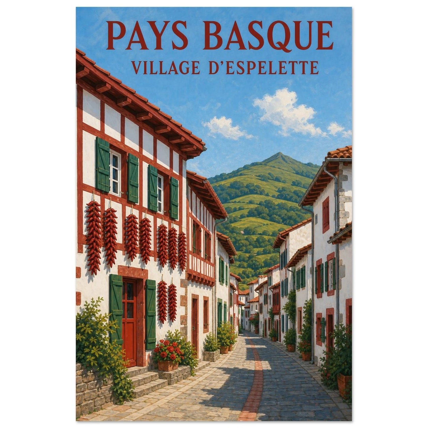 Affiche Pays Basque – Village d’Espelette, gouache contemporaine verticale, format 40 × 60 cm
