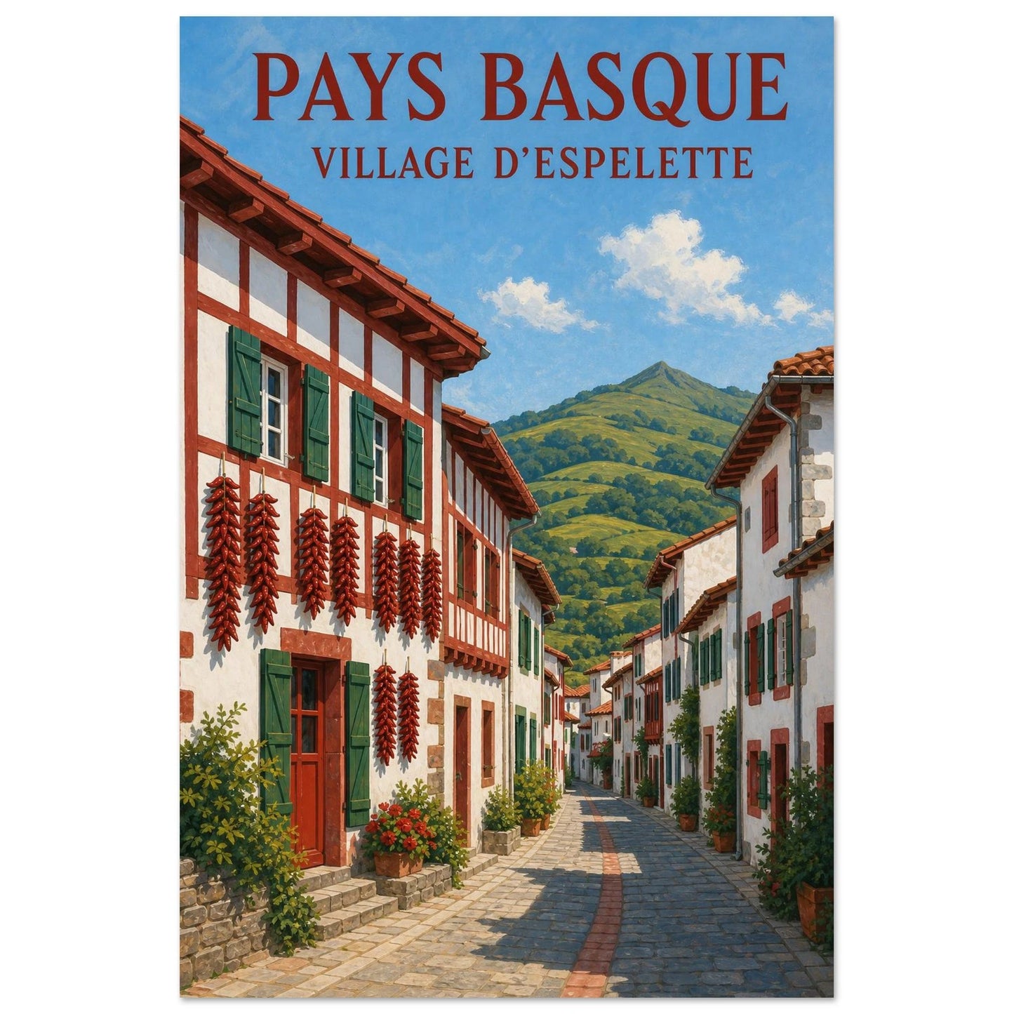 Affiche Pays Basque – Village d’Espelette, gouache contemporaine verticale, format 60 × 90 cm