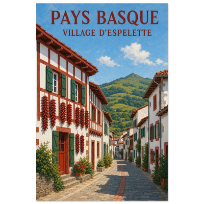 Affiche Pays Basque – Village d’Espelette, gouache contemporaine verticale, format 60 × 90 cm