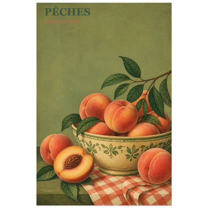 Affiche Pêches – Douceur d’Été, affiche fruitière vintage à la gouache douce verticale, format 60 × 90 cm