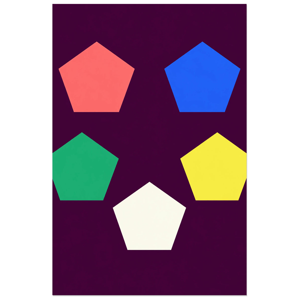 Five coloured pentagons around an empty centre on plum