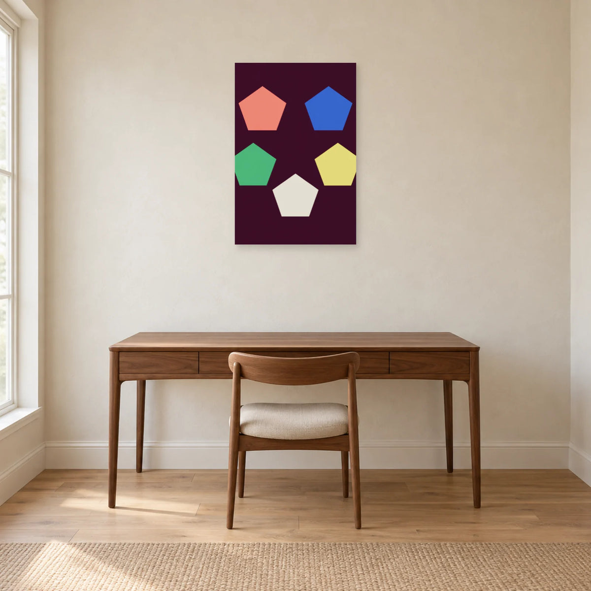 Pentagon poster above a brown wooden desk and upholstered chair