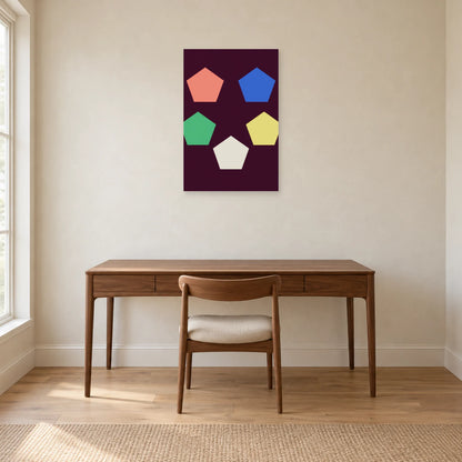 Pentagon poster above a brown wooden desk and upholstered chair
