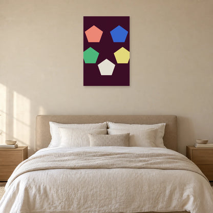 Pentagon poster above a beige upholstered bed with white bedding