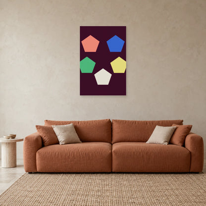 Pentagon poster above a rust sofa with cream cushions