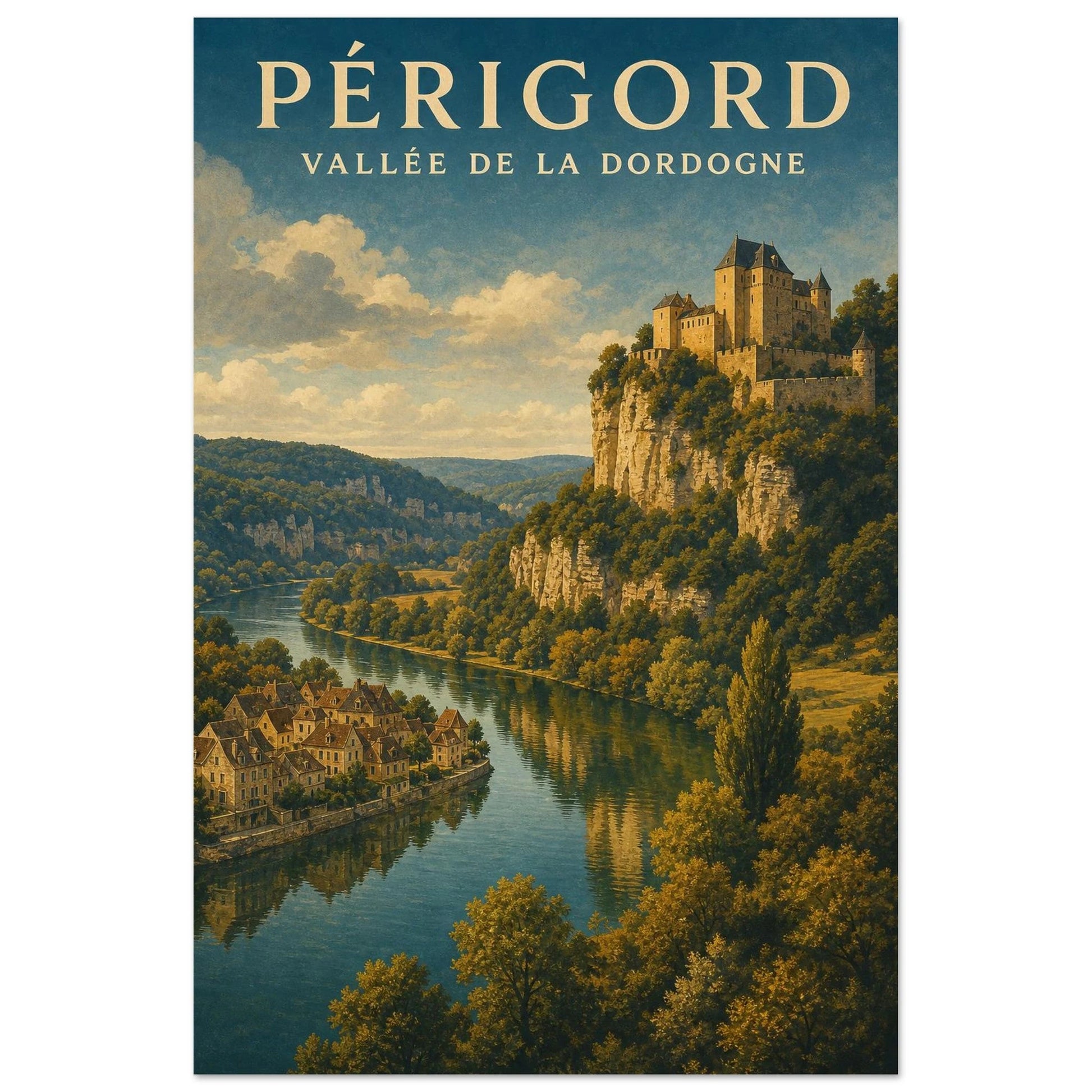 Affiche Périgord – Vallée de la Dordogne, lithographie contemporaine verticale, format 30 × 45 cm