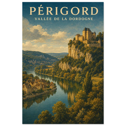Affiche Périgord – Vallée de la Dordogne, lithographie contemporaine verticale, format 30 × 45 cm