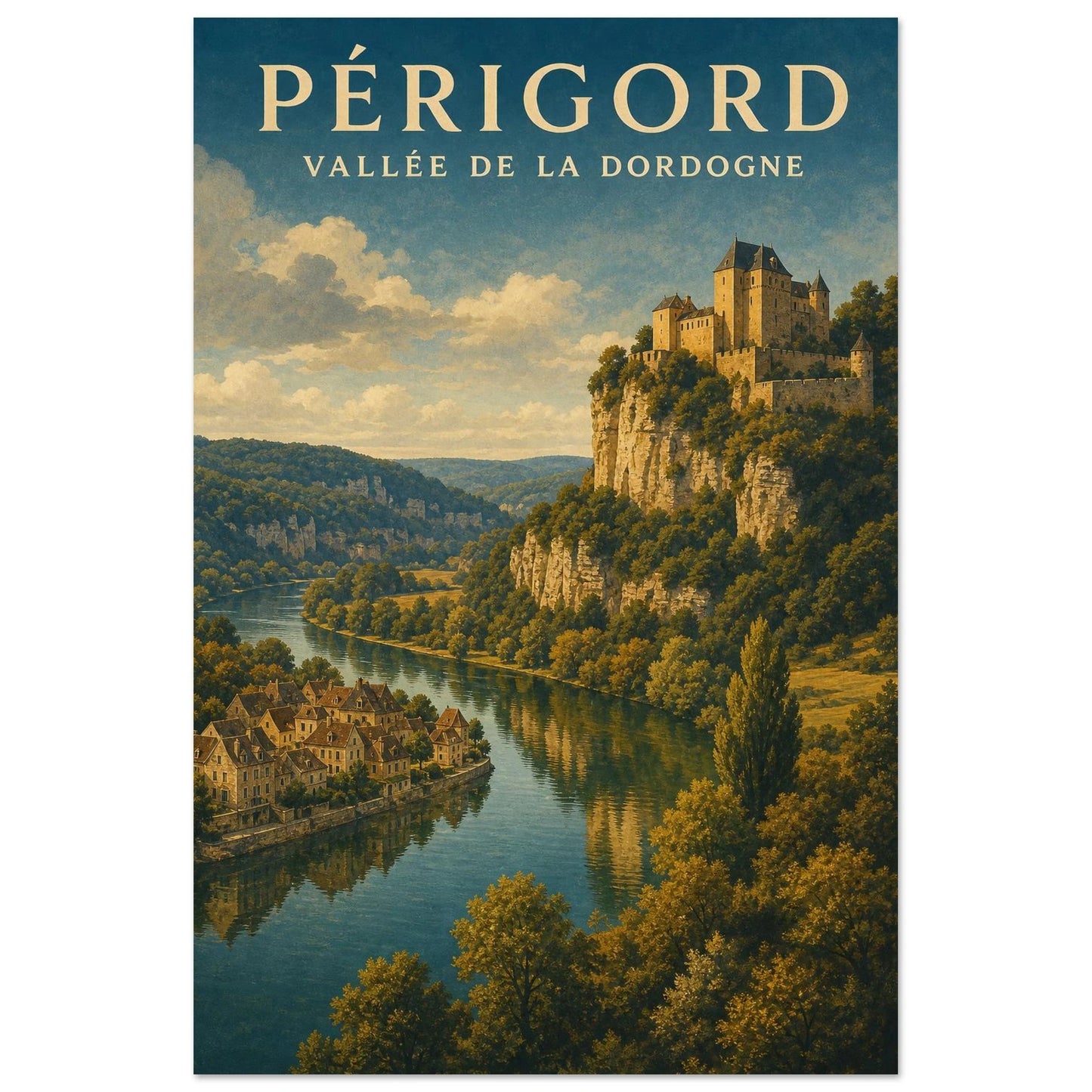 Affiche Périgord – Vallée de la Dordogne, lithographie contemporaine verticale, format 40 × 60 cm