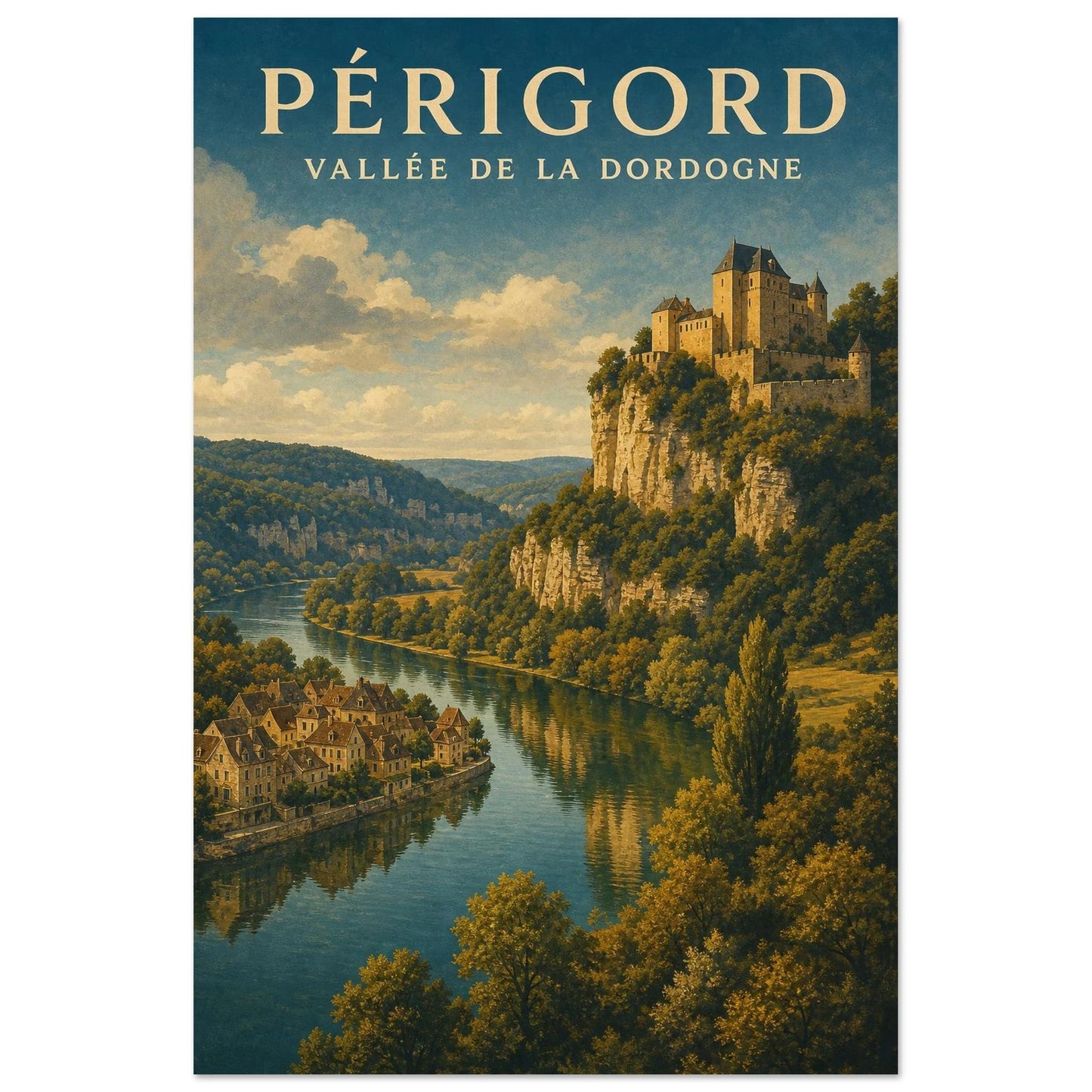 Affiche Périgord – Vallée de la Dordogne, lithographie contemporaine verticale, format 60 × 90 cm