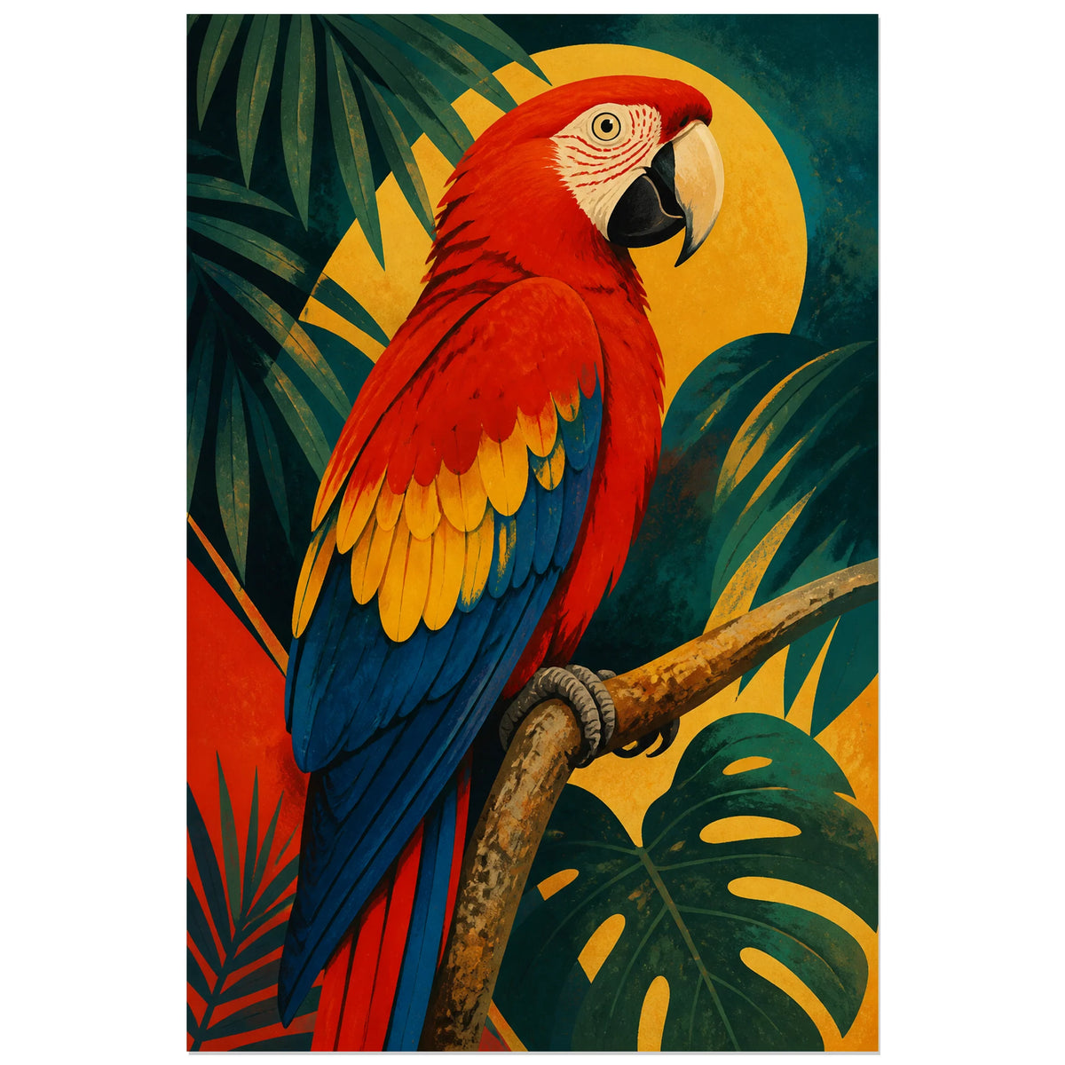 Affiche Ara rouge tropical vintage, affiche tropicale vintage en aplats sérigraphiques verticale, format 60 × 90 cm