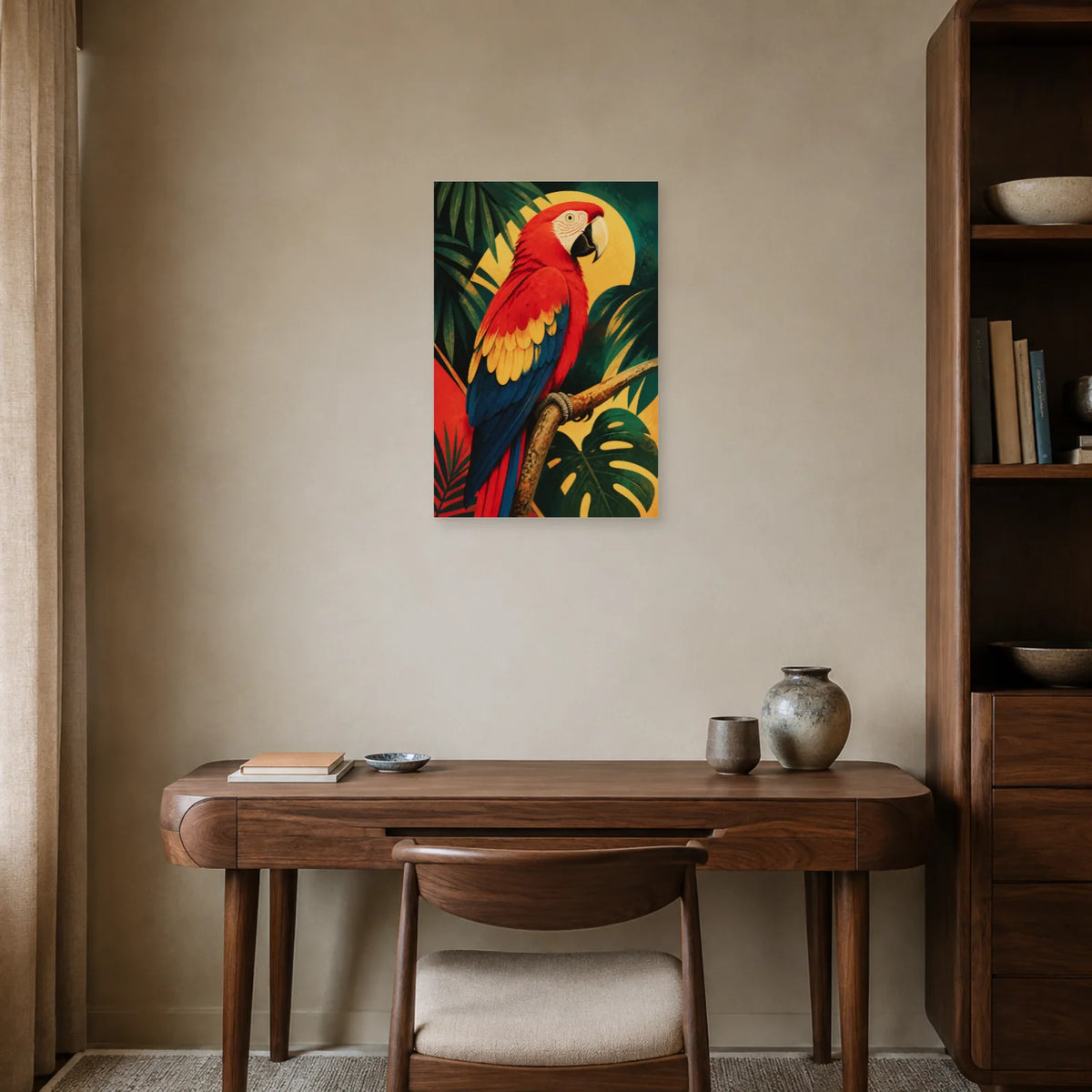 Affiche Ara rouge tropical vintage dans un bureau - Art Virtuoso