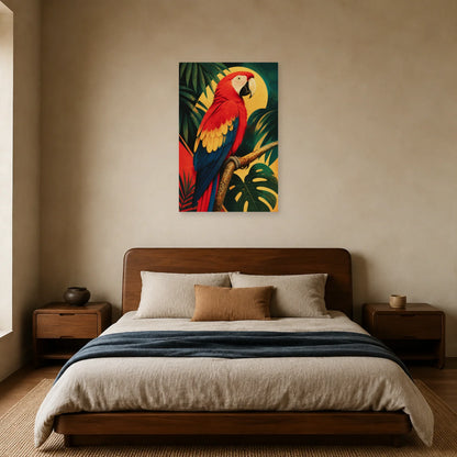Affiche Ara rouge tropical vintage dans une chambre - Art Virtuoso