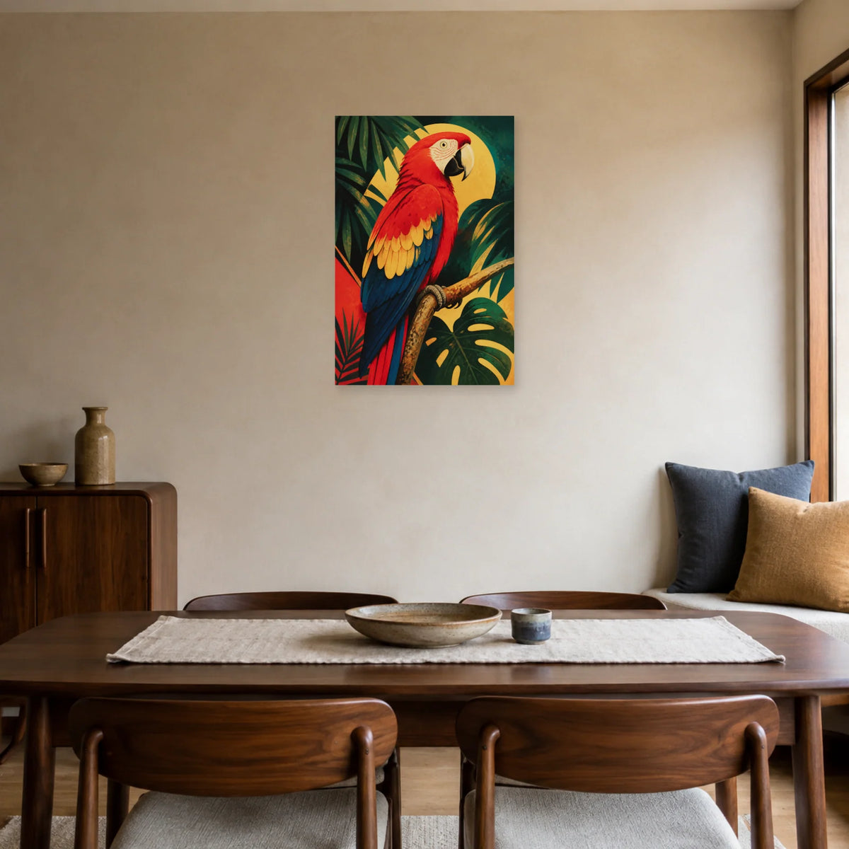 Affiche Ara rouge tropical vintage dans une salle à manger - Art Virtuoso