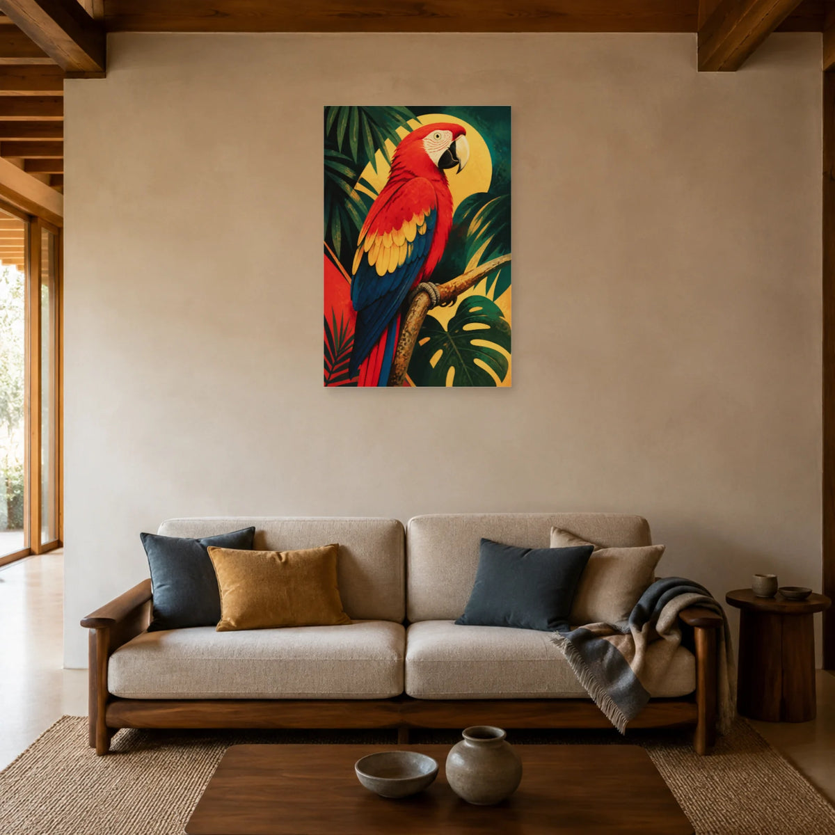 Affiche Ara rouge tropical vintage dans un salon - Art Virtuoso