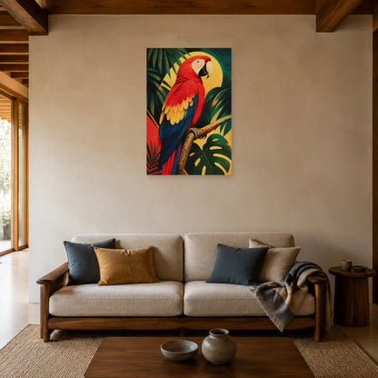 Affiche Ara rouge tropical vintage dans un salon - Art Virtuoso
