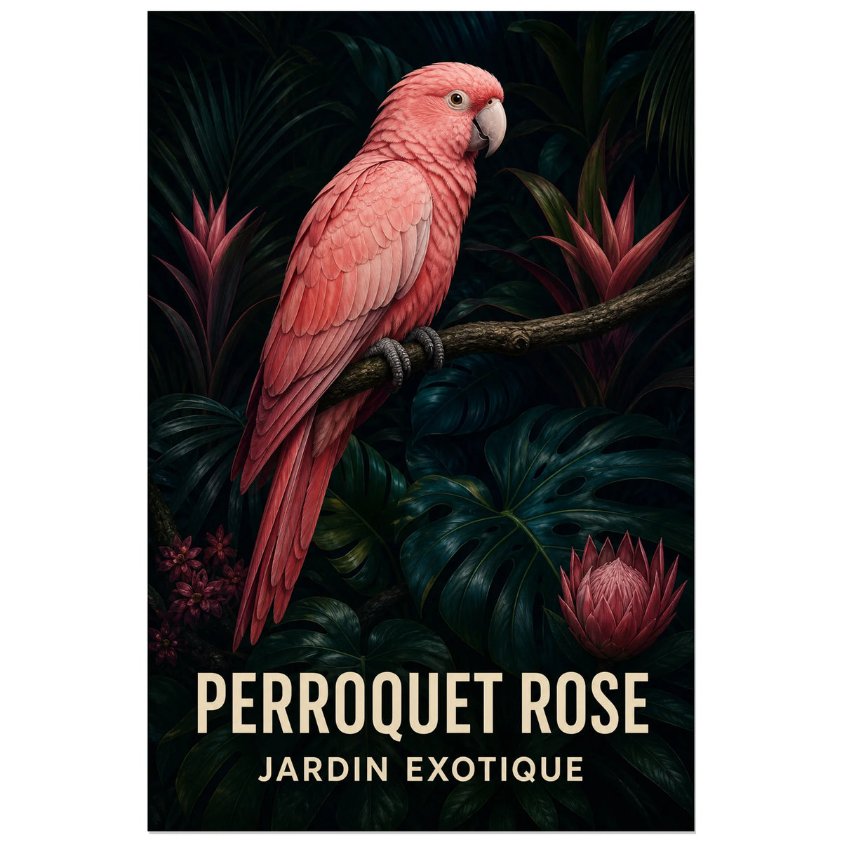 Affiche Perroquet rose – Jardin exotique, illustration animalière tropicale en réalisme pictural détaillé verticale, format 60 × 90 cm