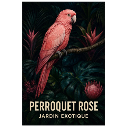 Affiche Perroquet rose – Jardin exotique, illustration animalière tropicale en réalisme pictural détaillé verticale, format 60 × 90 cm