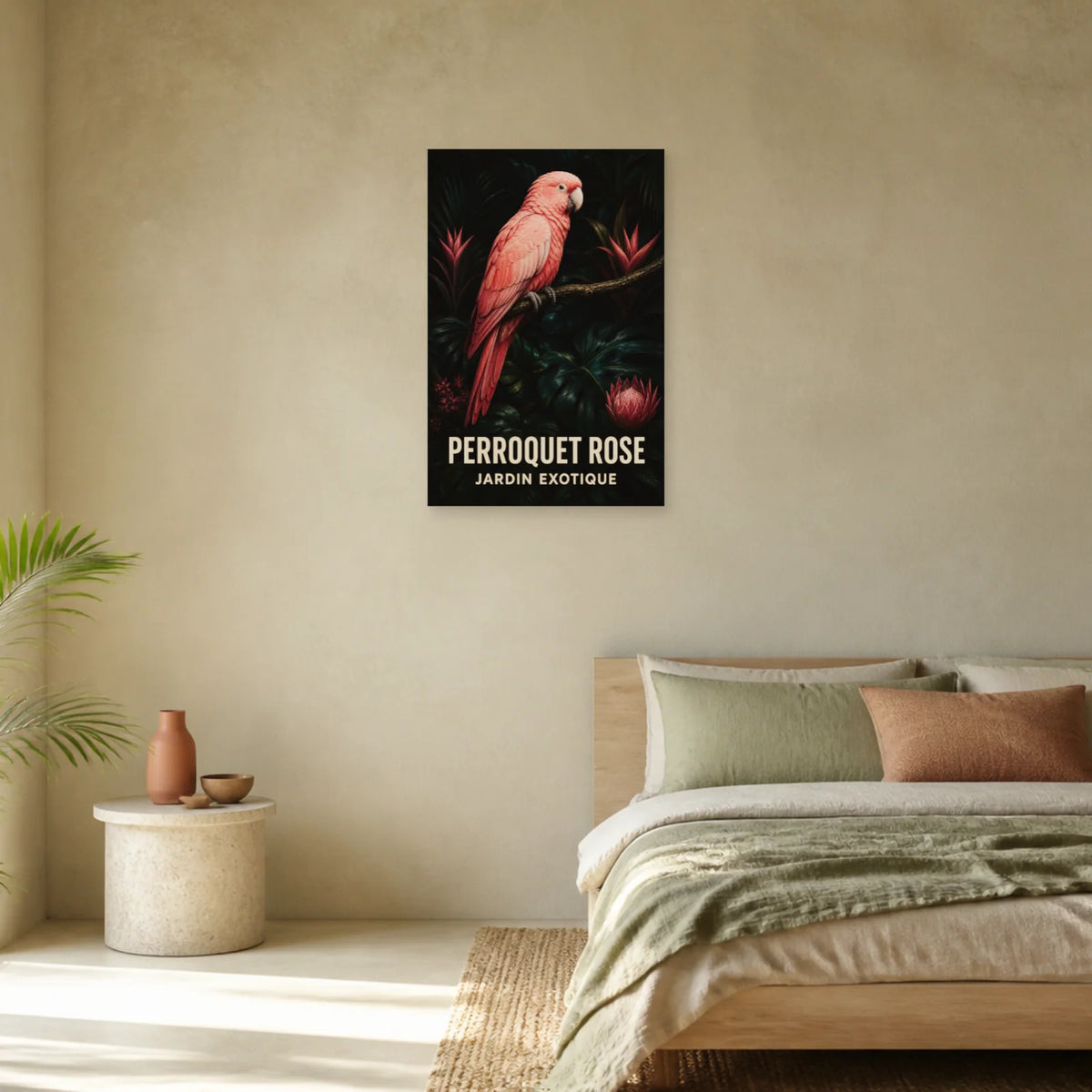Affiche Perroquet rose – Jardin tropical dans une chambre - Art Virtuoso