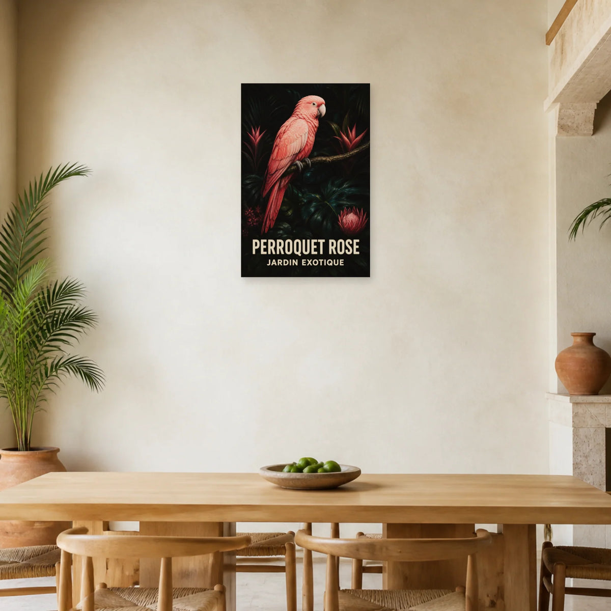 Affiche Perroquet rose – Jardin tropical dans une salle à manger - Art Virtuoso