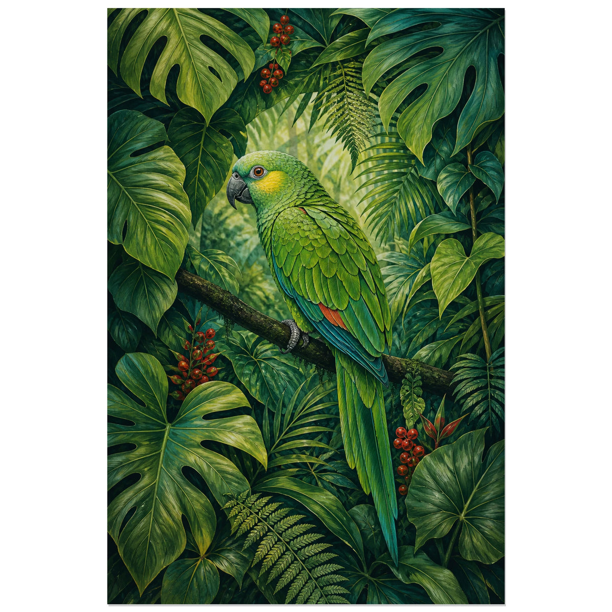 Affiche Perroquet vert dans le feuillage, illustration botanique naturaliste dense en gouache et crayon coloré verticale, format 30 × 45 cm