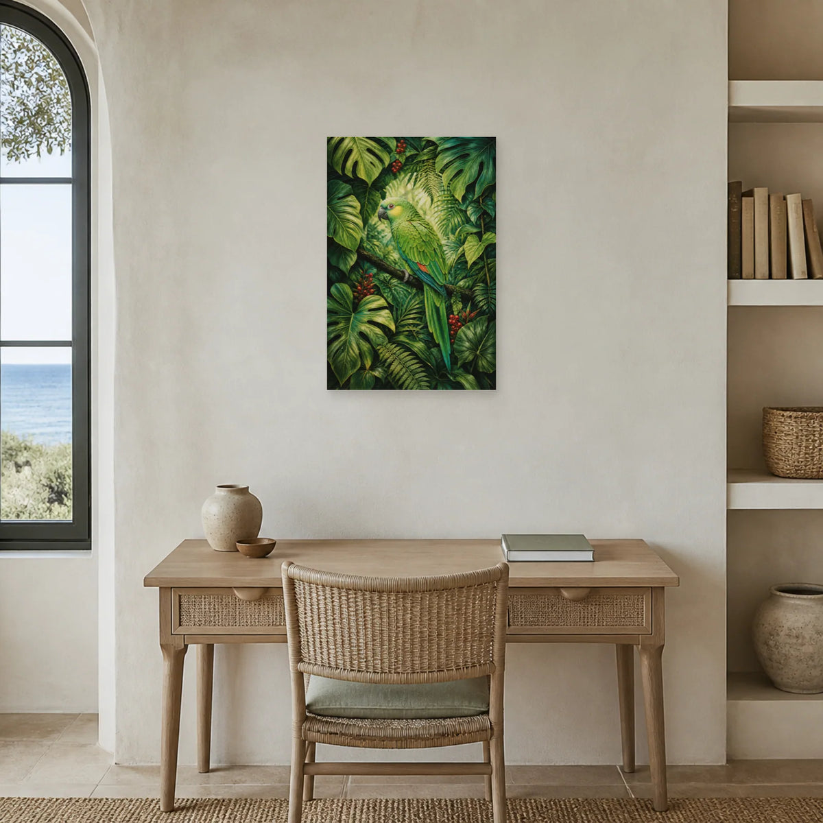 Affiche Perroquet vert dans le feuillage dans un bureau - Art Virtuoso