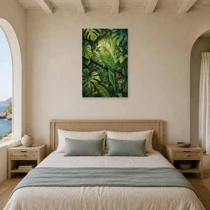 Affiche Perroquet vert dans le feuillage dans une chambre - Art Virtuoso