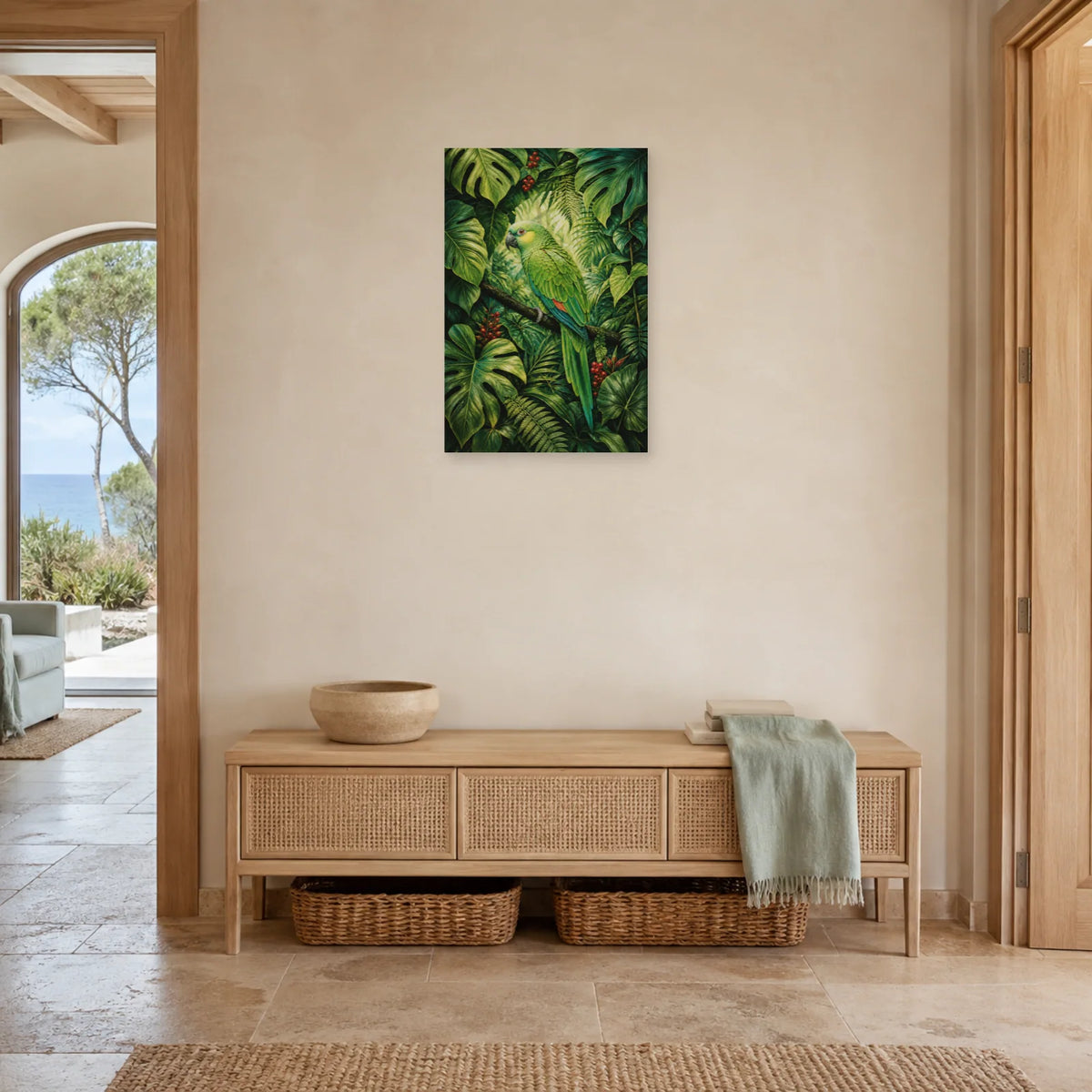 Affiche Perroquet vert dans le feuillage dans une entrée ou un couloir - Art Virtuoso