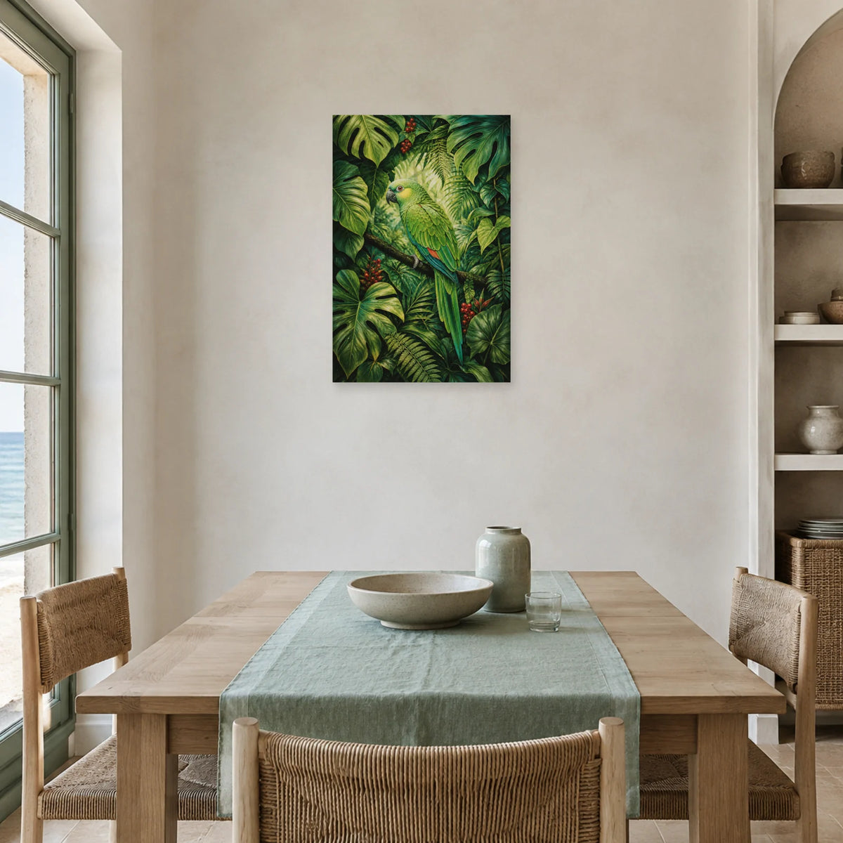 Affiche Perroquet vert dans le feuillage dans une salle à manger - Art Virtuoso