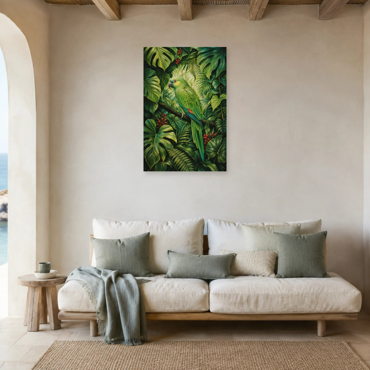 Affiche Perroquet vert dans le feuillage dans un salon - Art Virtuoso