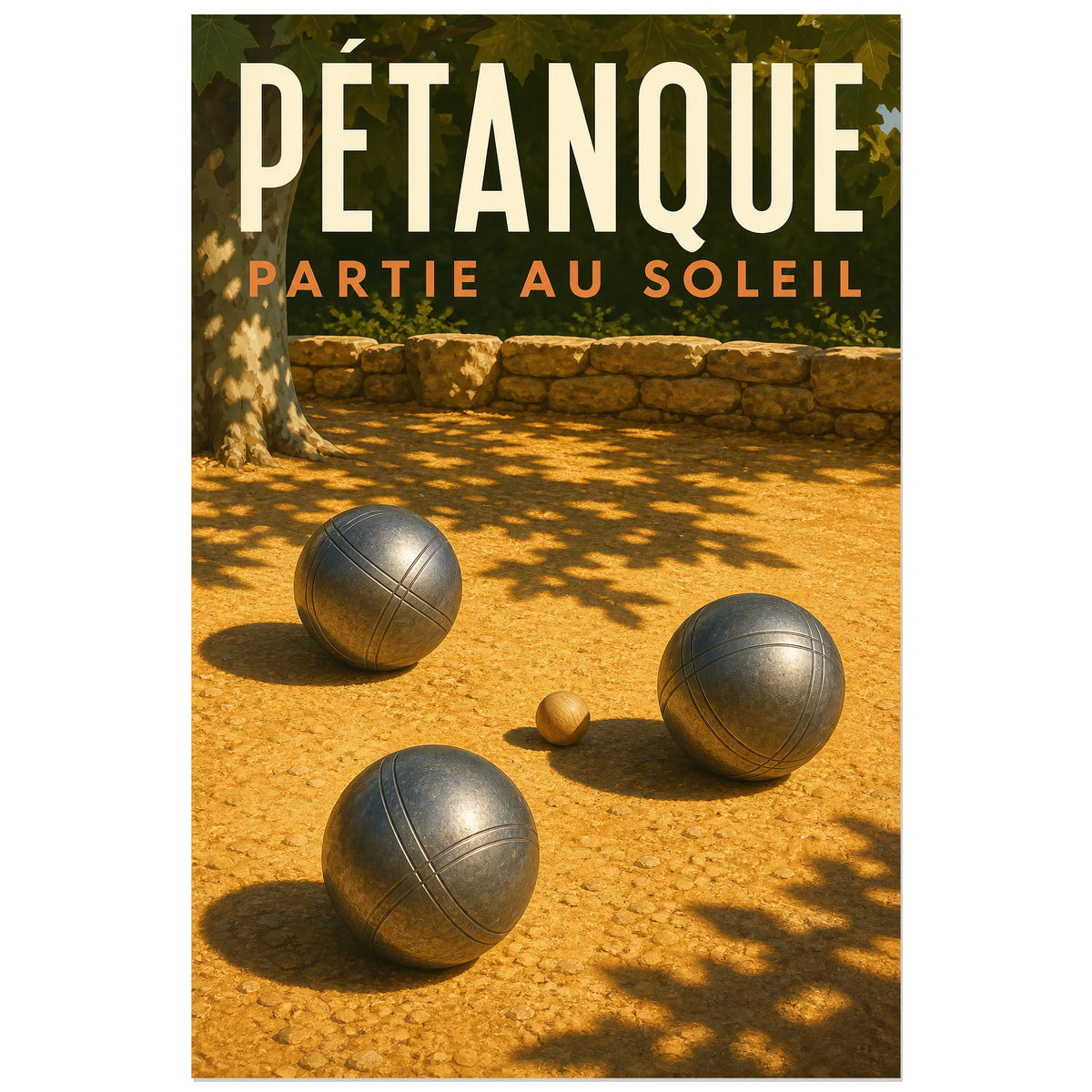 Pétanque sous les ombres d'un arbre près d'un muret, affiche 60 × 90 cm