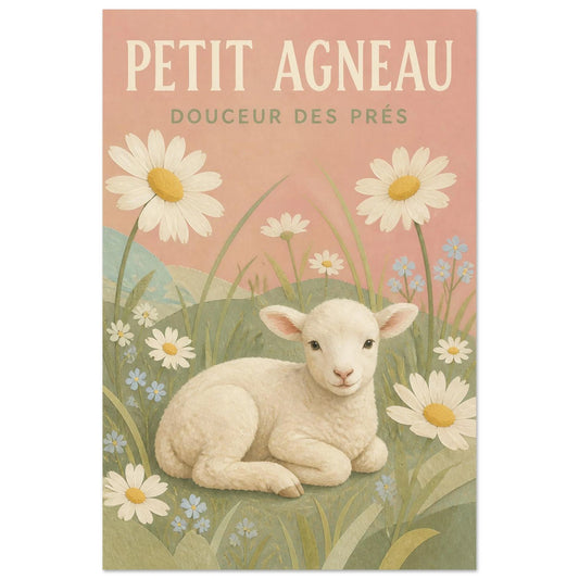 Affiche Petit Agneau – Douceur des Prés, gouache contemporaine verticale, format 30 × 45 cm