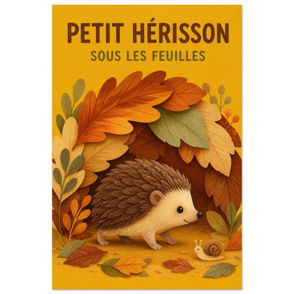 Affiche Petit Hérisson – Sous les Feuilles, gouache contemporaine verticale, format 30 × 45 cm