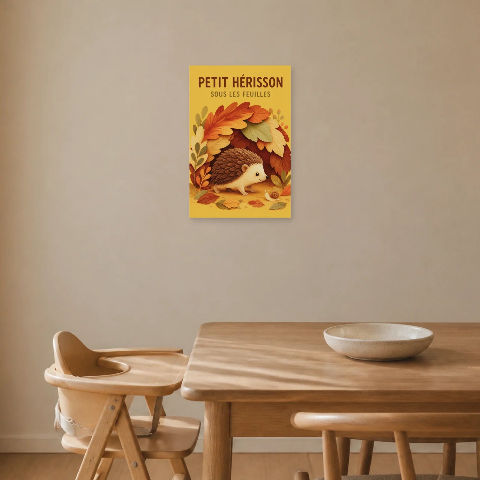Affiche Petit Hérisson – Sous les Feuilles dans une salle à manger - Art Virtuoso