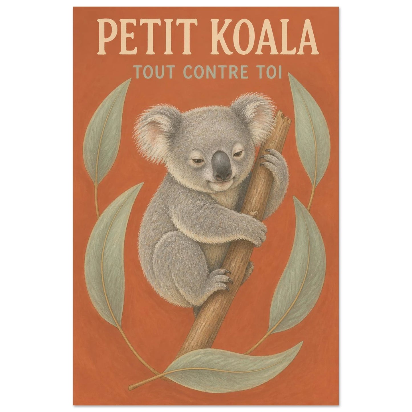 Affiche Petit Koala – Tout Contre Toi, gouache contemporaine verticale, format 40 × 60 cm