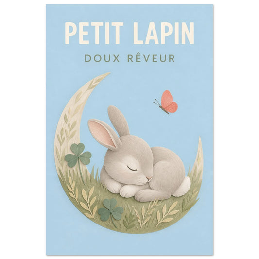 Affiche Petit Lapin – Doux Rêveur, papier découpé et gouache verticale, format 30 × 45 cm