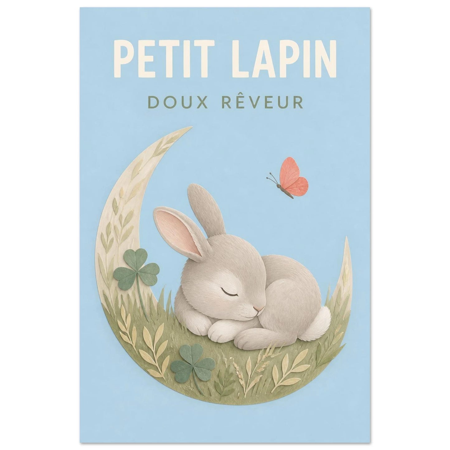 Affiche Petit Lapin – Doux Rêveur, papier découpé et gouache verticale, format 40 × 60 cm