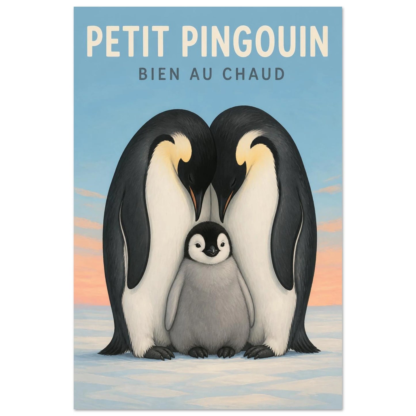 Affiche Petit Pingouin – Bien au Chaud, gouache contemporaine verticale, format 30 × 45 cm