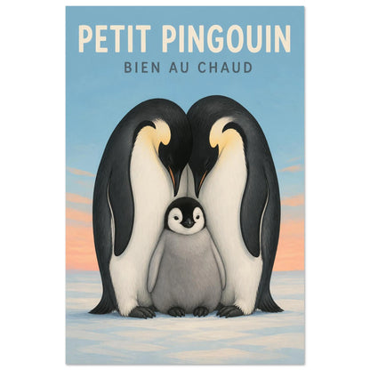 Affiche Petit Pingouin – Bien au Chaud, gouache contemporaine verticale, format 60 × 90 cm
