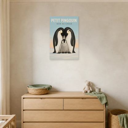 Affiche Petit Pingouin – Bien au Chaud dans un salon - Art Virtuoso