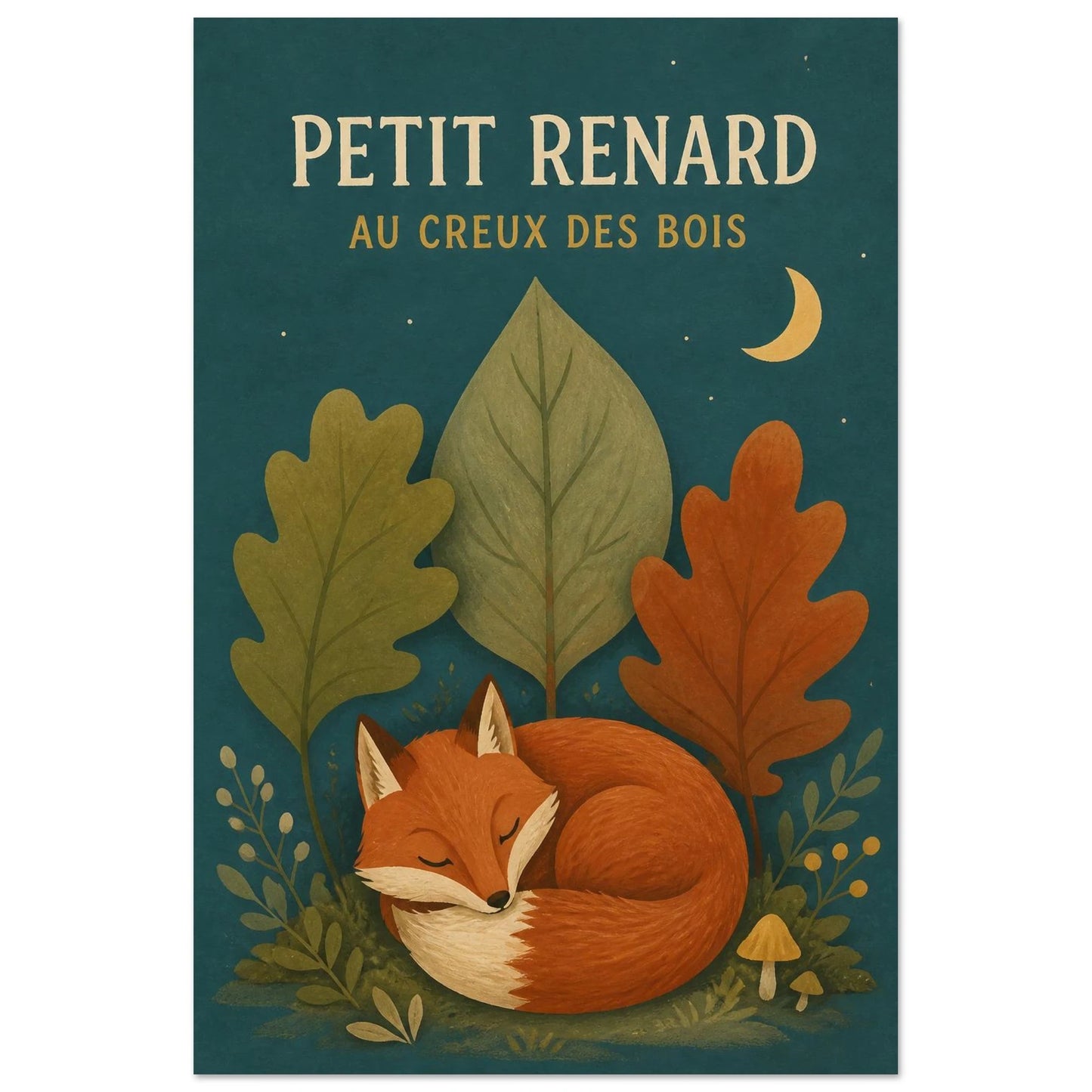 Affiche Petit Renard – Au Creux des Bois, gouache contemporaine verticale, format 30 × 45 cm