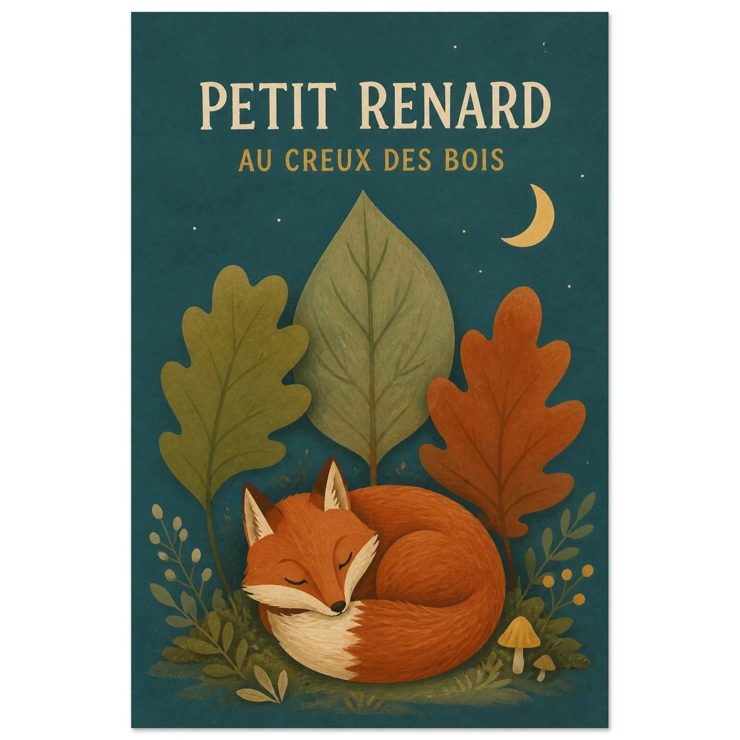 Affiche Petit Renard – Au Creux des Bois, gouache contemporaine verticale, format 60 × 90 cm