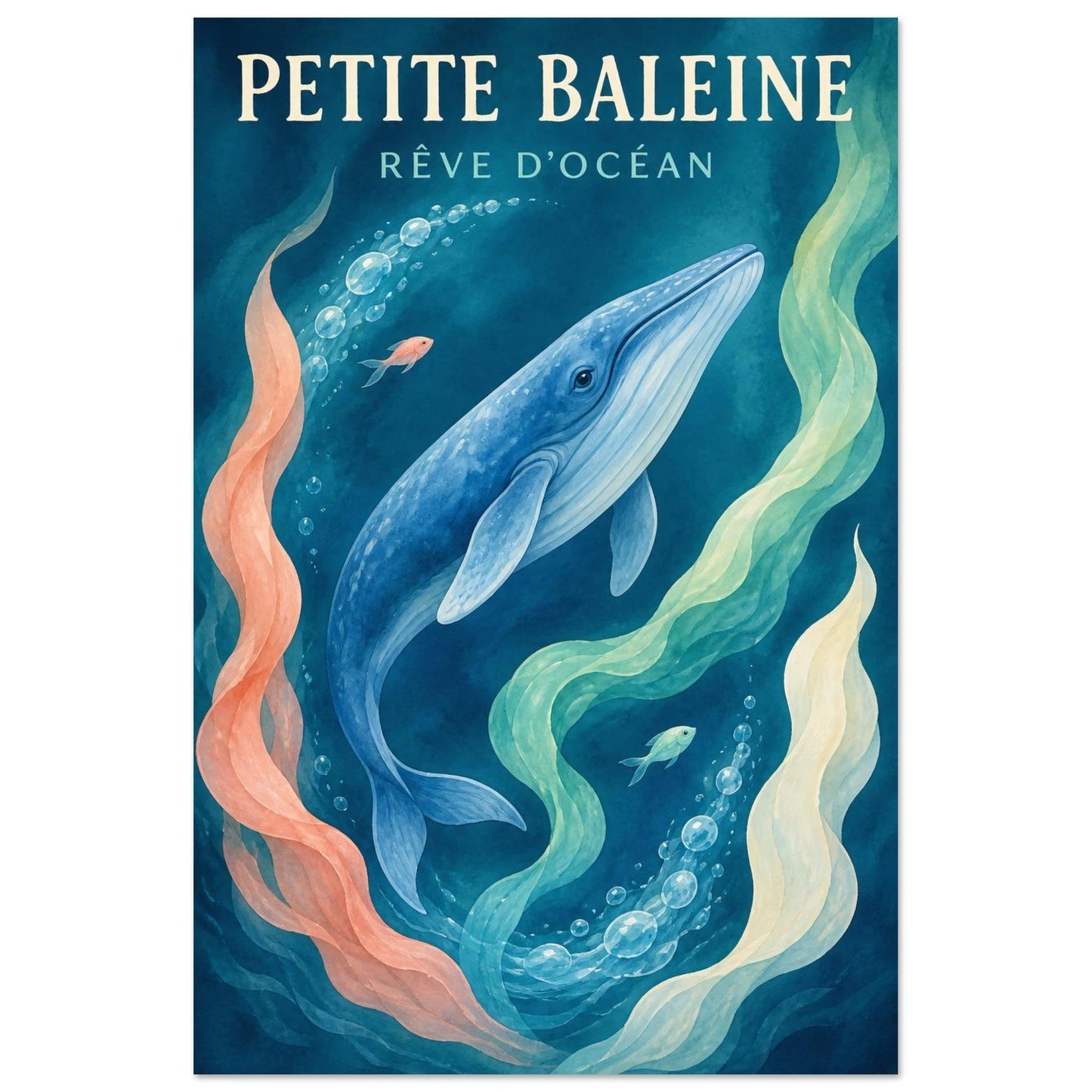 Affiche Petite Baleine – Rêve d’Océan, illustration éditoriale verticale, format 30 × 45 cm
