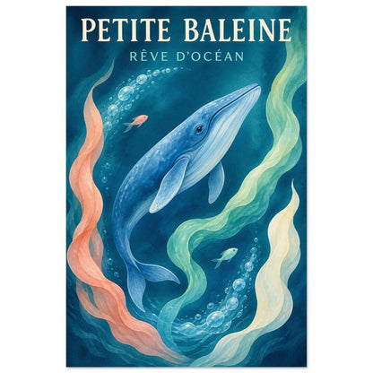 Affiche Petite Baleine – Rêve d’Océan, illustration éditoriale verticale, format 30 × 45 cm