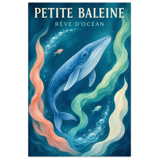 Affiche Petite Baleine – Rêve d’Océan, illustration éditoriale verticale, format 30 × 45 cm