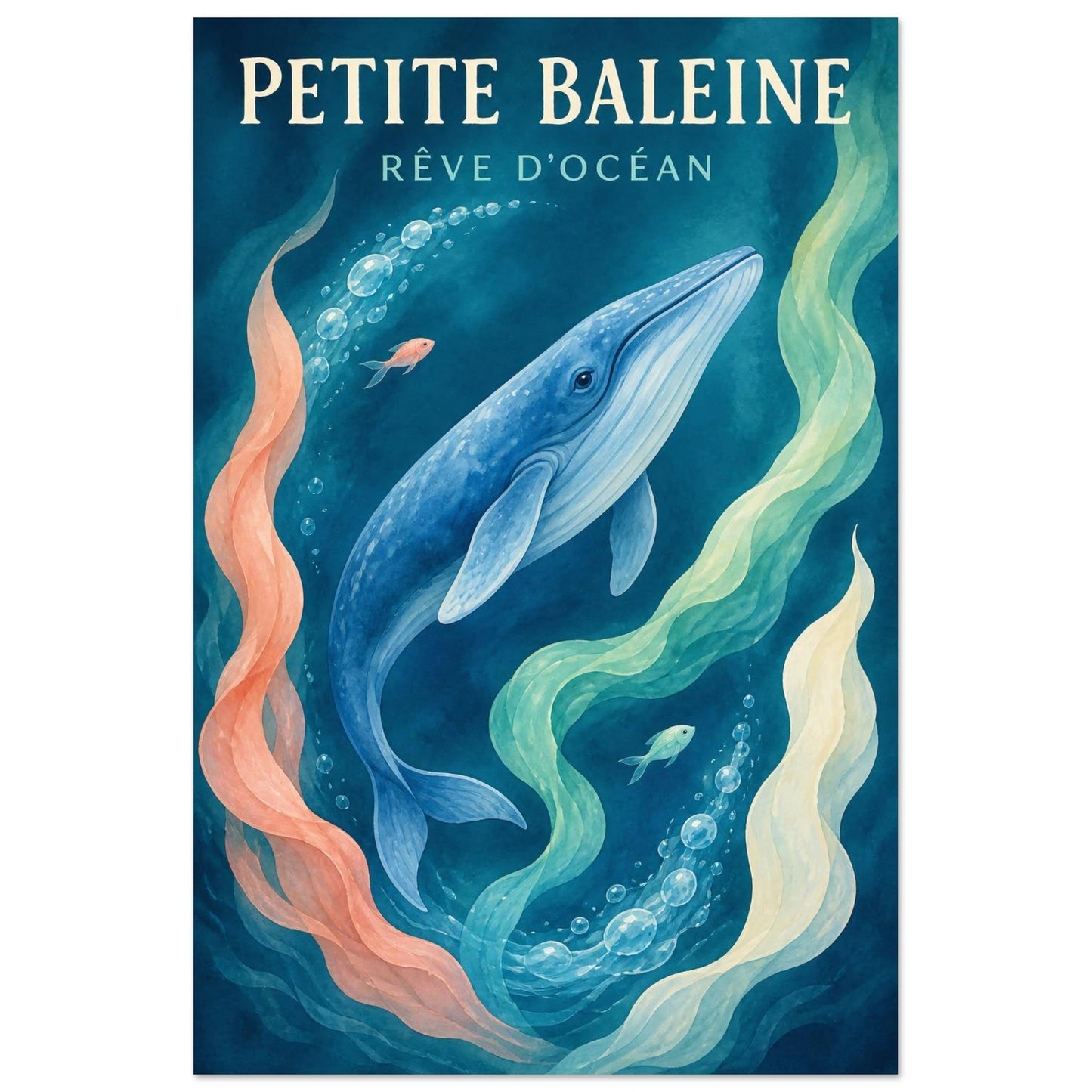 Affiche Petite Baleine – Rêve d’Océan, illustration éditoriale verticale, format 40 × 60 cm