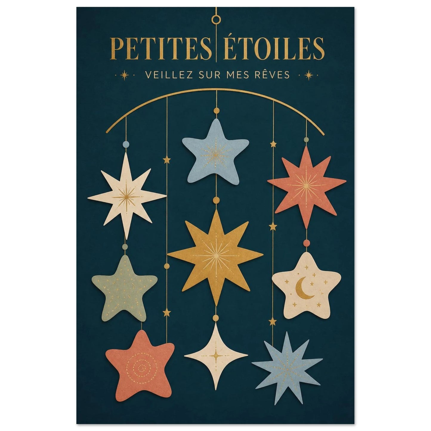 Affiche Petites Étoiles – Veillez sur Mes Rêves, illustration éditoriale verticale, format 30 × 45 cm
