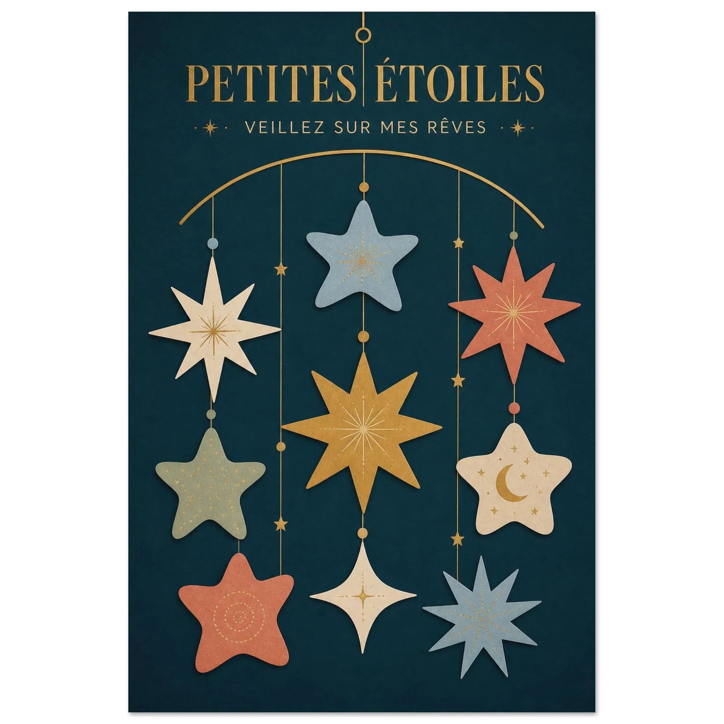 Affiche Petites Étoiles – Veillez sur Mes Rêves, illustration éditoriale verticale, format 40 × 60 cm